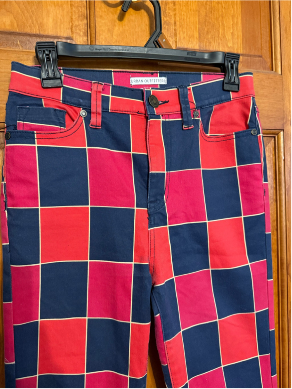 Women's Urban Outfitters Flare Pants Size 26 Red Navy Blue Checkered - Picture 2 of 6